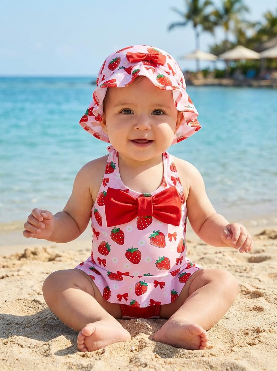JiAmy Conjunto de natación para bebé recién nacida con bonito sombrero sin mangas de una pieza traje de baño de una pieza con lazo para verano, traje de baño de 0 a 24 meses — view 2
