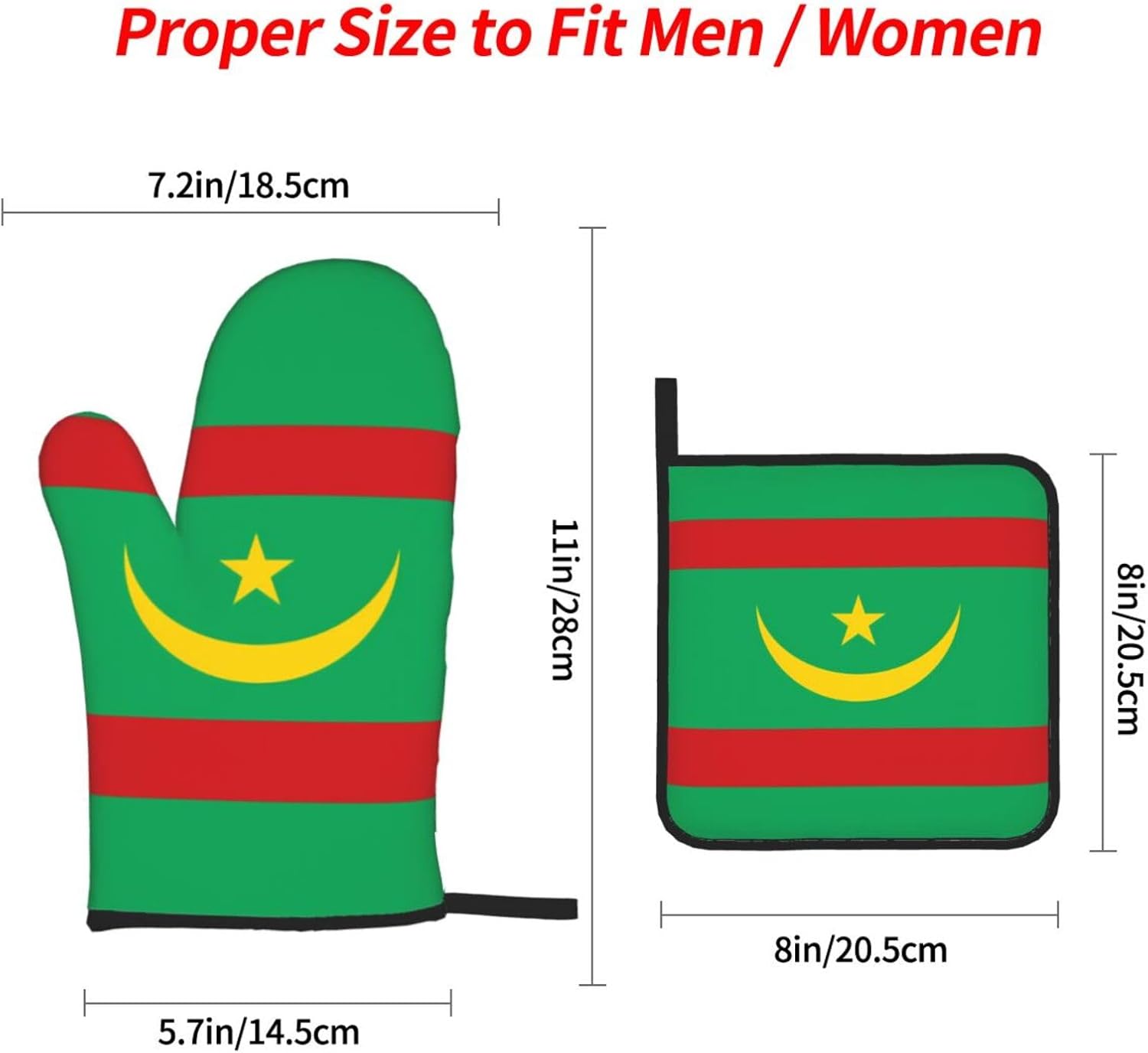 Flag of Mauritania Oven gloves and heat-resistant mat 4-piece set. Suitable for grilling, microwave oven frying, and baking