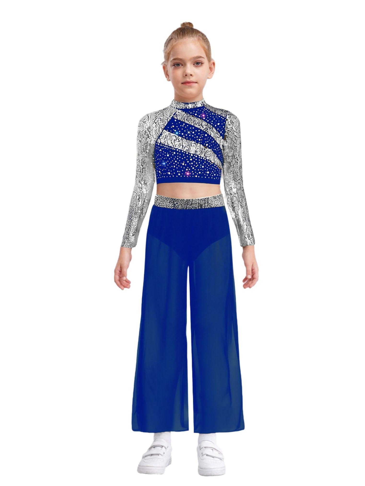 Freebily Costume Danse Latin Jazz Enfant Fille Ensemble Pantalon Évasé et Haut Danse Lyrique Compétition Spectacle Tenue Patinage Artistique Paillettes