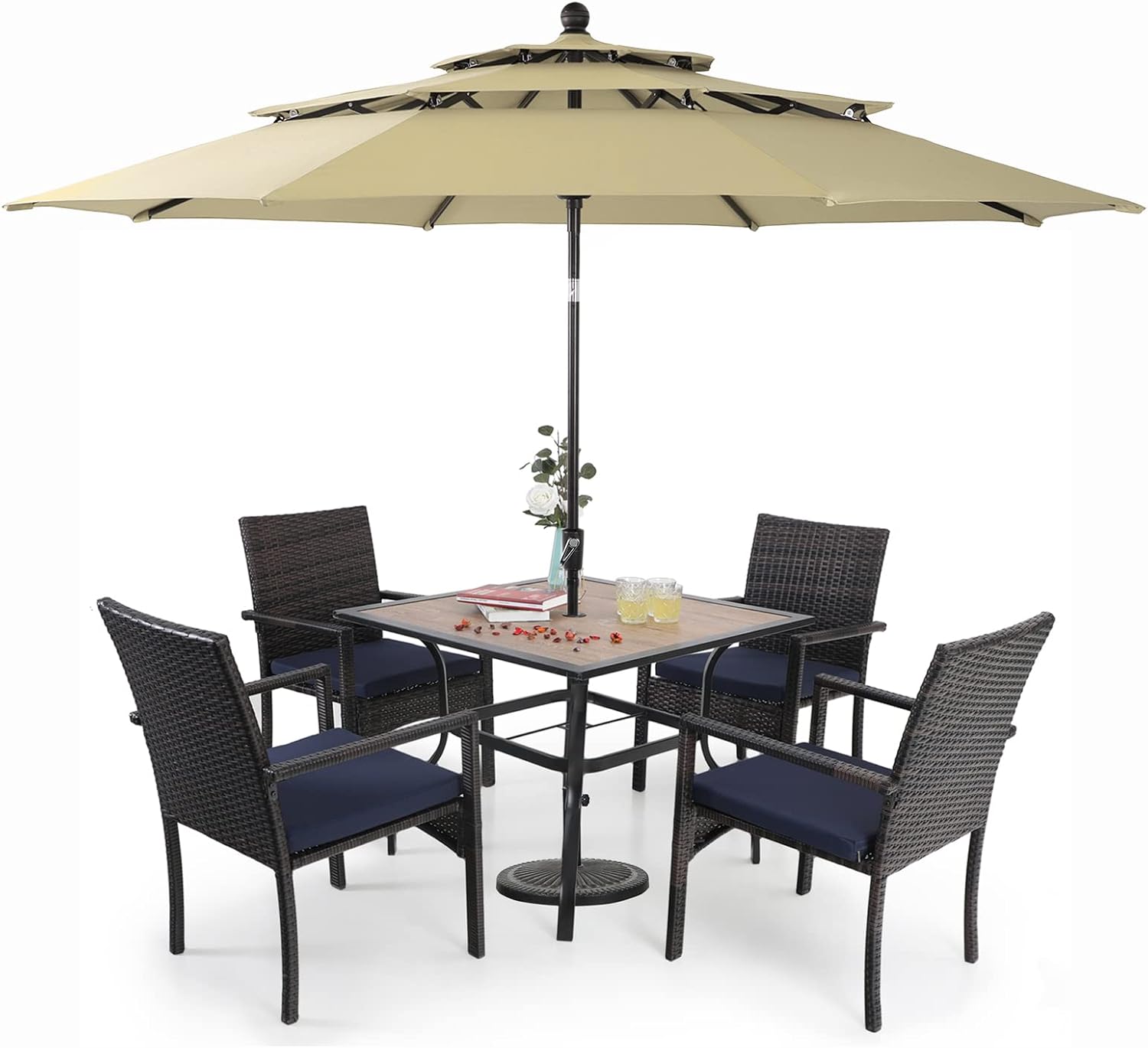 Sophia & William Outdoor 6 Pieces Dining Set with 4 Rattan Chairs, 1 Wood-Like Metal Table and 1 10ft 3 Tier Auto-tilt Umbrella(No Base) Navy, Patio Furniture for Poolside, Porch, Patio, Balcony