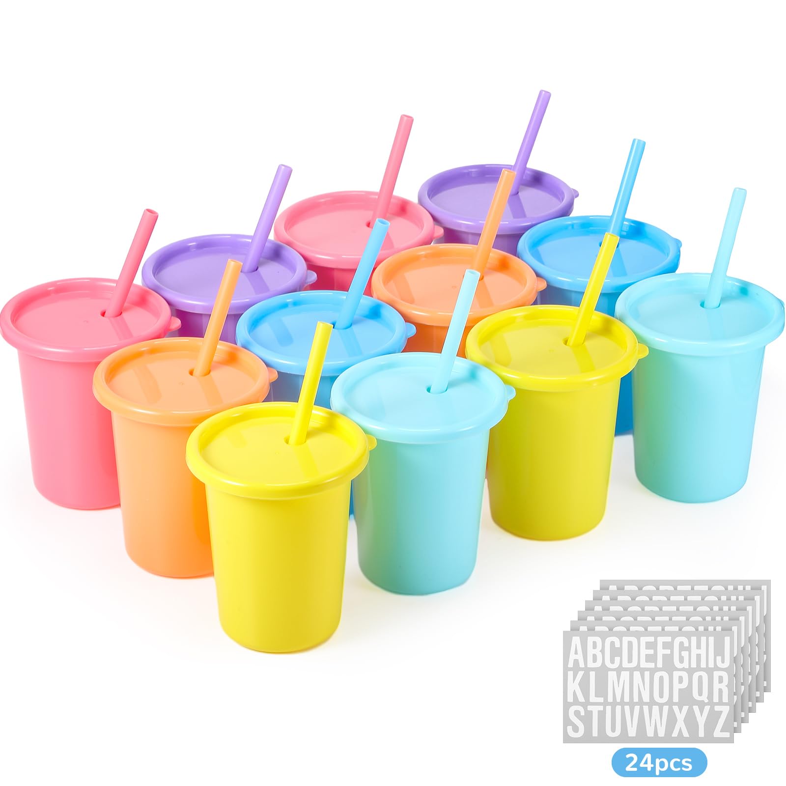 Nuanchu 24 Stück Becher mit Deckel und Strohhalmen, wiederverwendbare Becher mit Selbstaufklebern, Kunststoff-Wasserflasche, Eiskaffee, Reisebecher, Erwachsene, Kunststoff für Party, Macaron-Farben