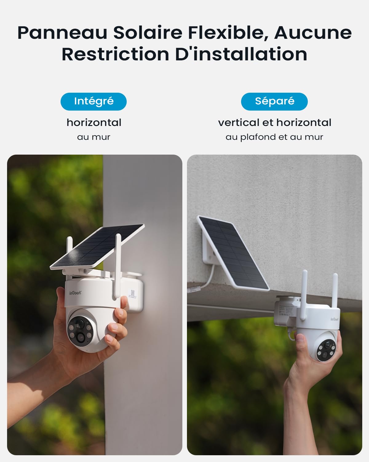 ieGeek 2K Camera Surveillance WiFi Exterieure sans Fil Solaire avec Panneau Solaire Amovible，360° Panoramique PTZ, Vision Nocturne Couleur, Détection Humaine PIR，Sirène，S5