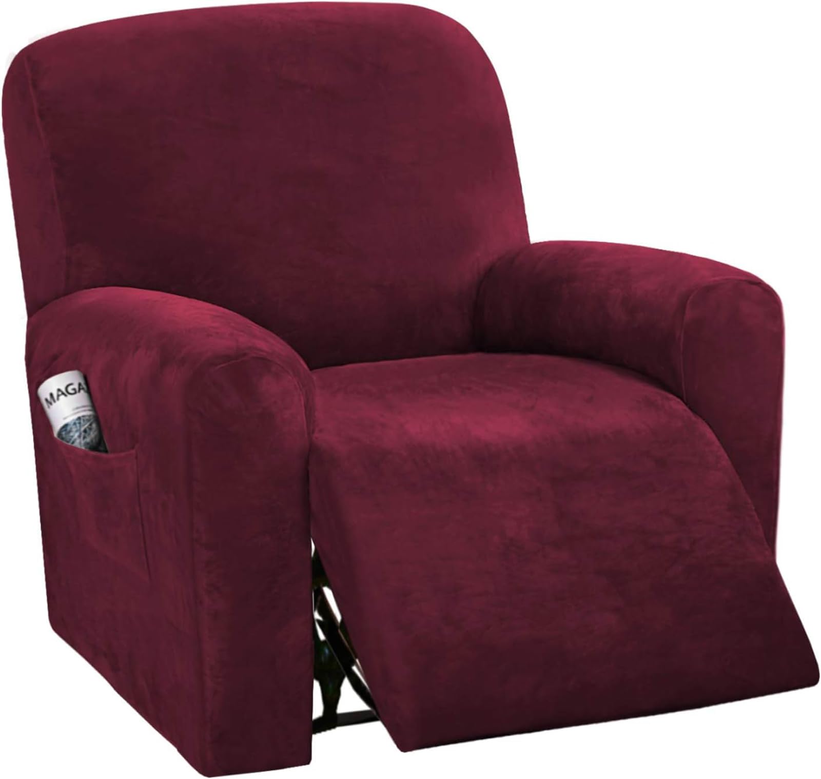 CLGTY Stretch Velvet Recliner Sofa Covers, 4-piece With Pocket Lazy Boy Reclining Sofa Slipcover Non Slip Armchair Covers For Kids Pets-wine red-chair