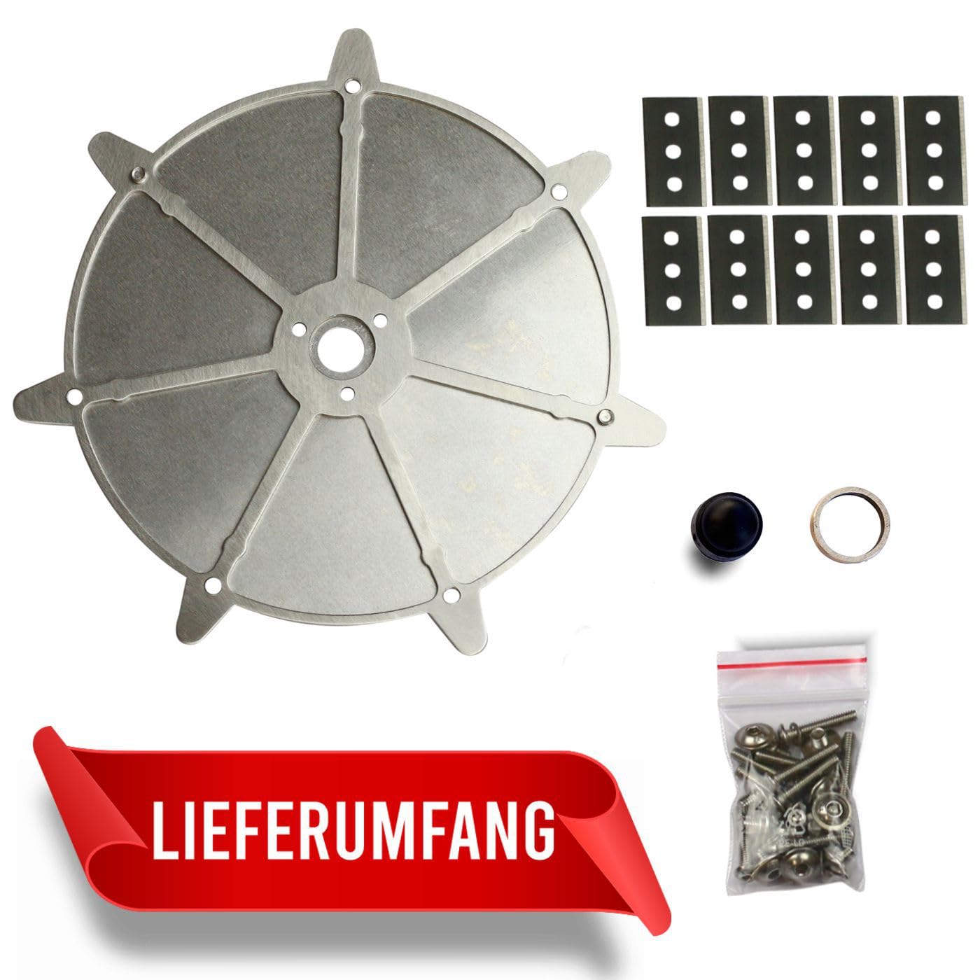 Messerscheibe Luba Mini Edelstahl/Aluminium - 7 feststehende Ceranfeldschaber Klingen - Mähroboter - 200mm Schnittbreite - Heavy Duty! Mähroboter Tuning Messerteller Ersatzteil