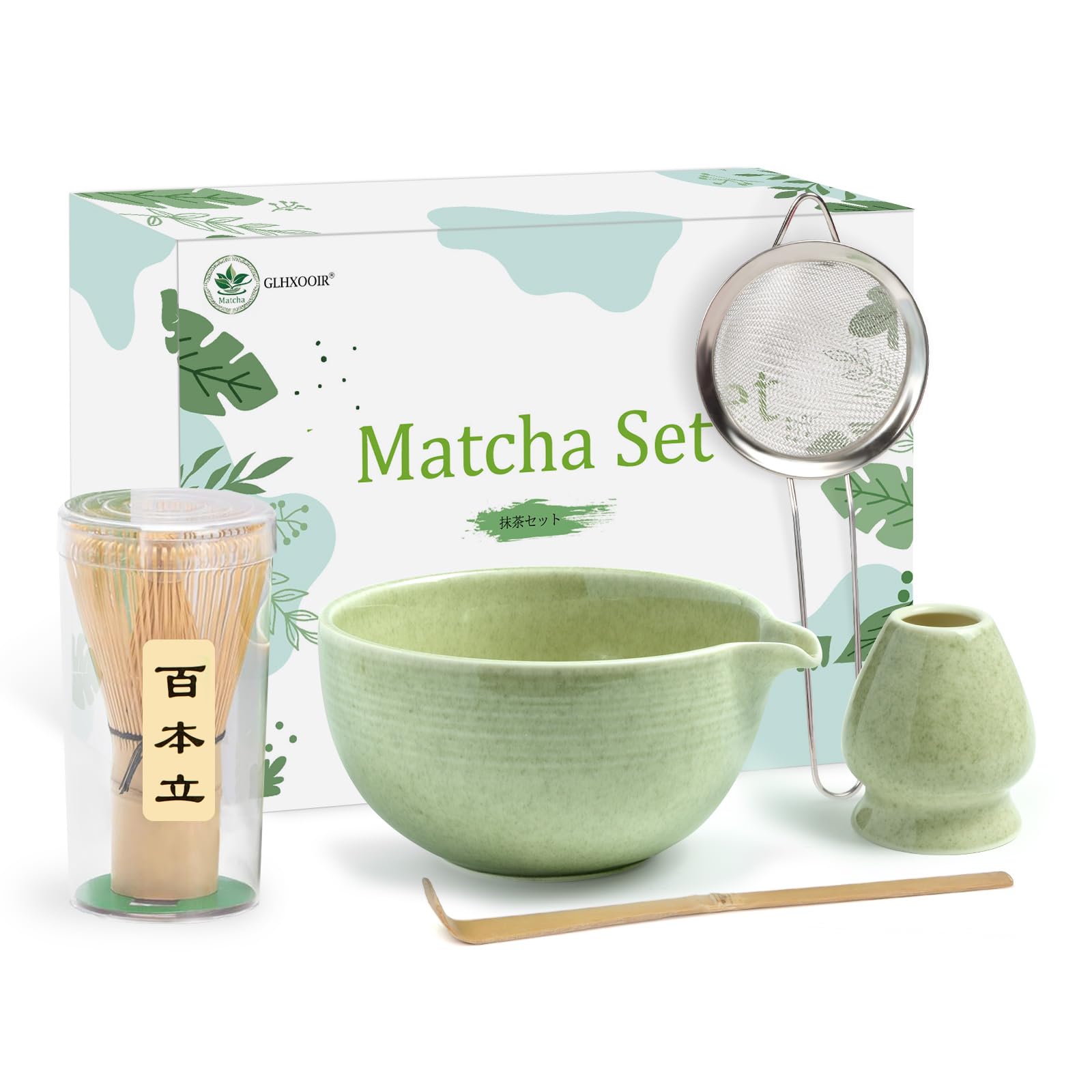 10Pcs-Matcha Whisk Set,Matcha Whisk and Bowl(with Pouring Spout),Tea Scoop,Matcha Sifter,Matcha Whisk Holder,Matcha Powder Caddy,Tea Towel with Tray,Perfect Matcha Kit for Matcha Tea Cerem (kiln gree)