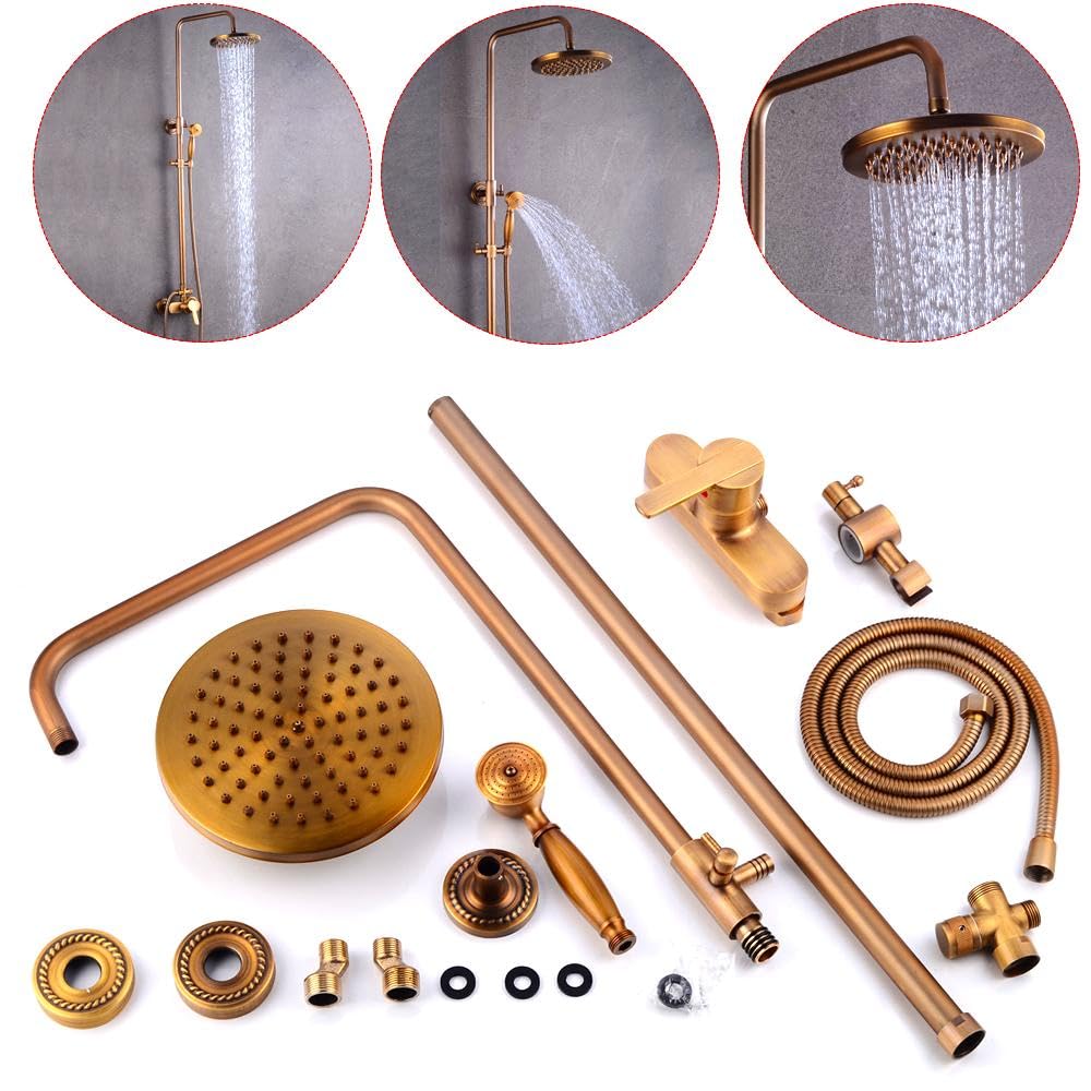 Juego de ducha de cobre antiguo, redondo, montaje en pared, sistema de ducha con grifo de bañera y alcacho/ducha de lluvia y ducha de mano, barra de ducha ajustable, bronce retro