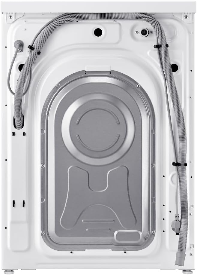 Rear view of the Samsung EcoBubble washing machine showing hoses and transport bolt locations