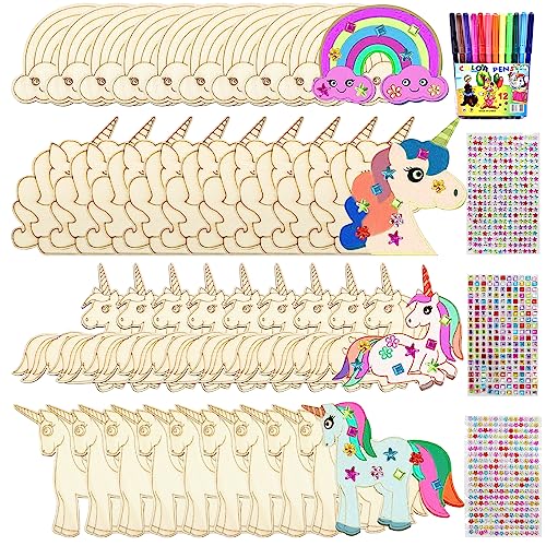 55 Licornes en Bois - Kit de Bricolage à Peindre - Décoration d'Anniversaire d'Enfant Avec Crayons Aquarelle + Autocollants Diamantés