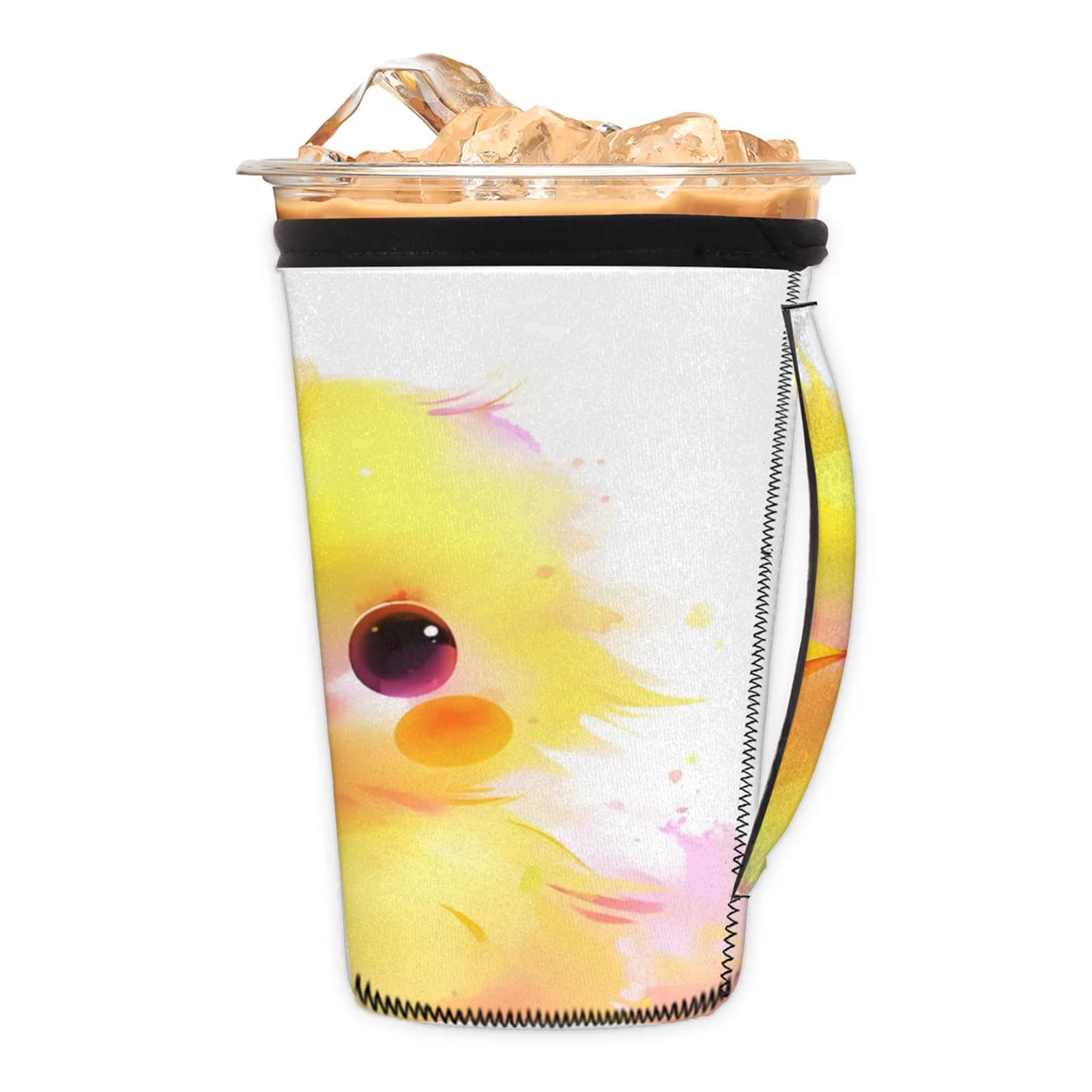 Cute Watercolour Chicken Reusable Neoprene Coffee Sleeve with Handle Insulated Iced Coffee Cup Holder Reduces Condensation Fits 24-28 oz Cups M