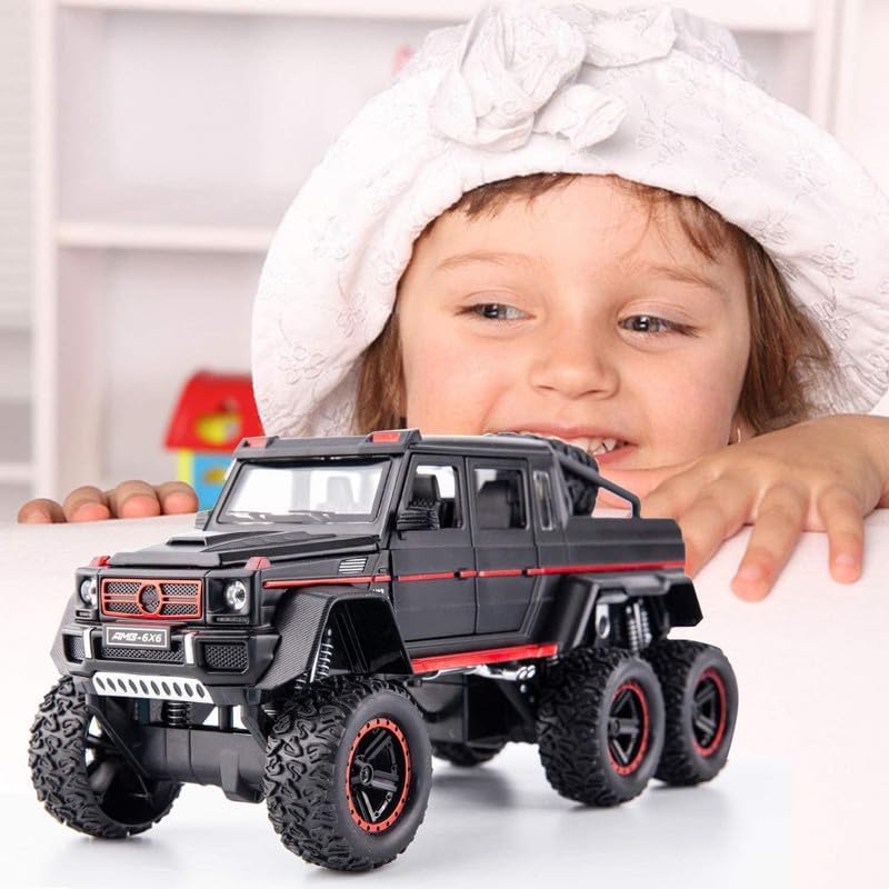 Image of PINQUE Kids New Car 1:24 AMG 6x6 Diecast Alloy Metal Pull Back Car with Openable Doors Music Sound and Light Vehicle Toy Car for Boys (Black)