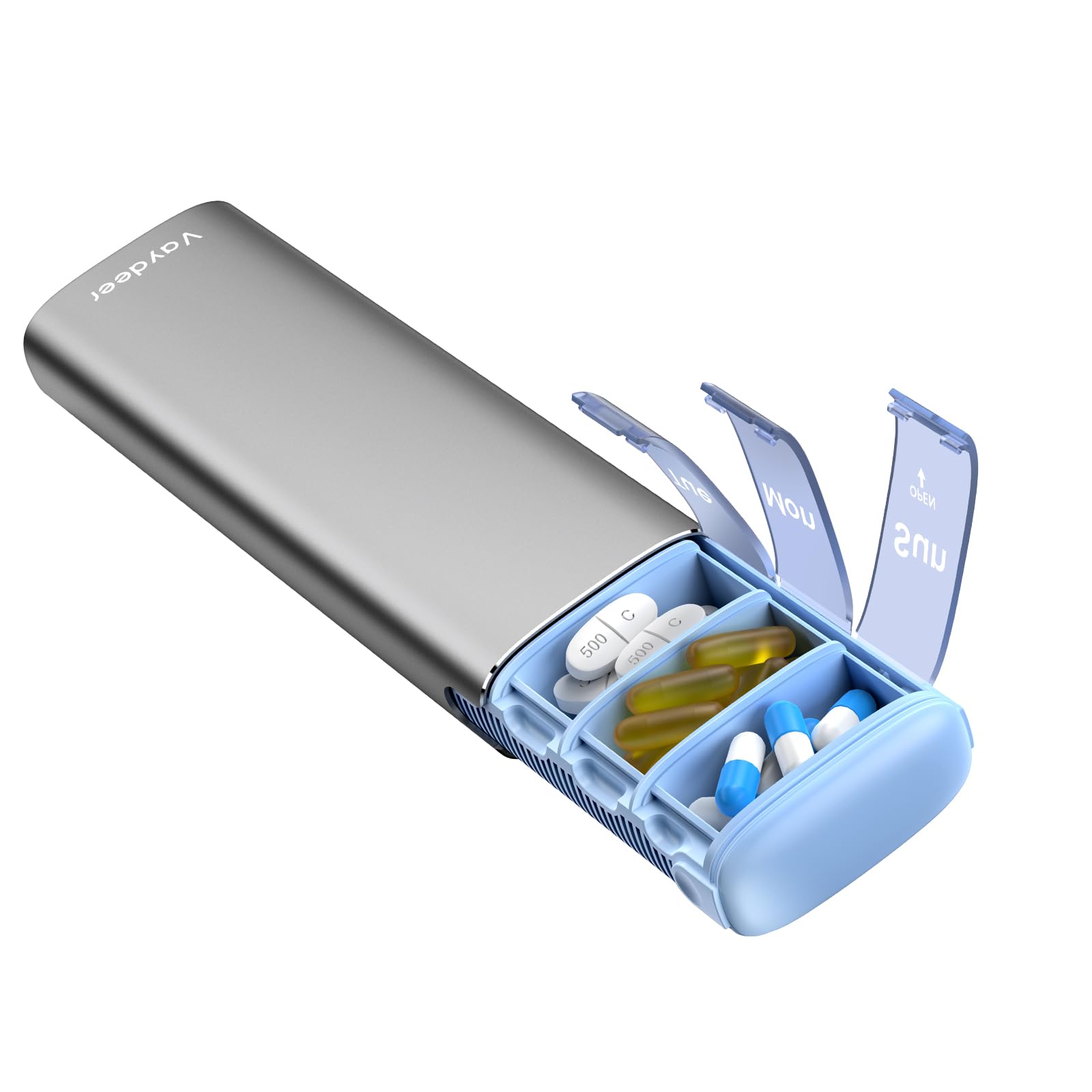 Vaydeer Metal Travel Pill Organizer, 7 Day Weekly Pill Box, Large Capacity Daily Cute Pill Case for Supplements, Pills, Vitamins and Medication (Small