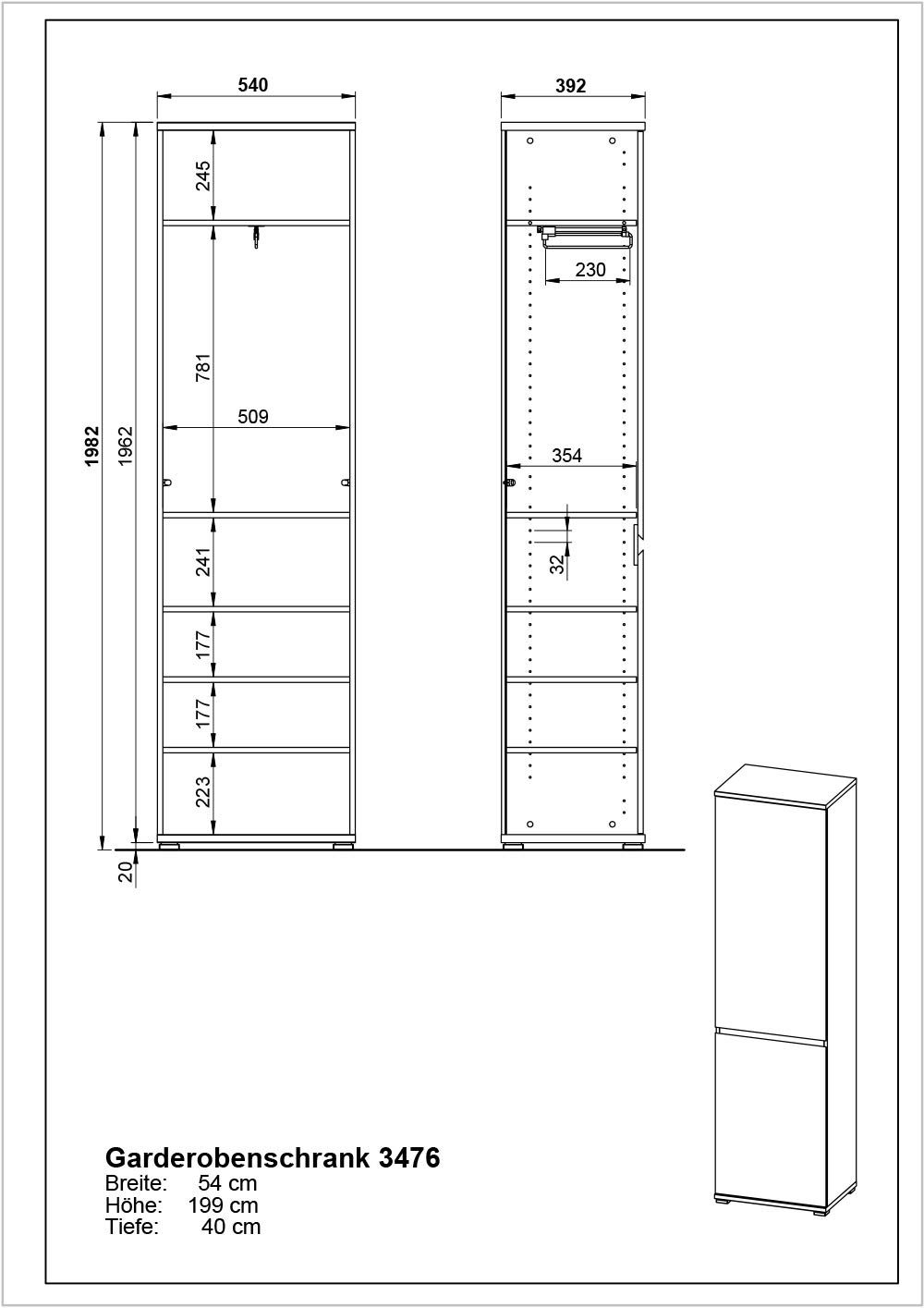Germania Garderobenschrank 3476-562 GW-Lissabon, in Anthrazit/Navarra-Eiche-Nb., mit verstellbaren Einlegeböden und ausziehbarer Kleiderstange, 54 x 200 x 40 cm (BxHxT)
