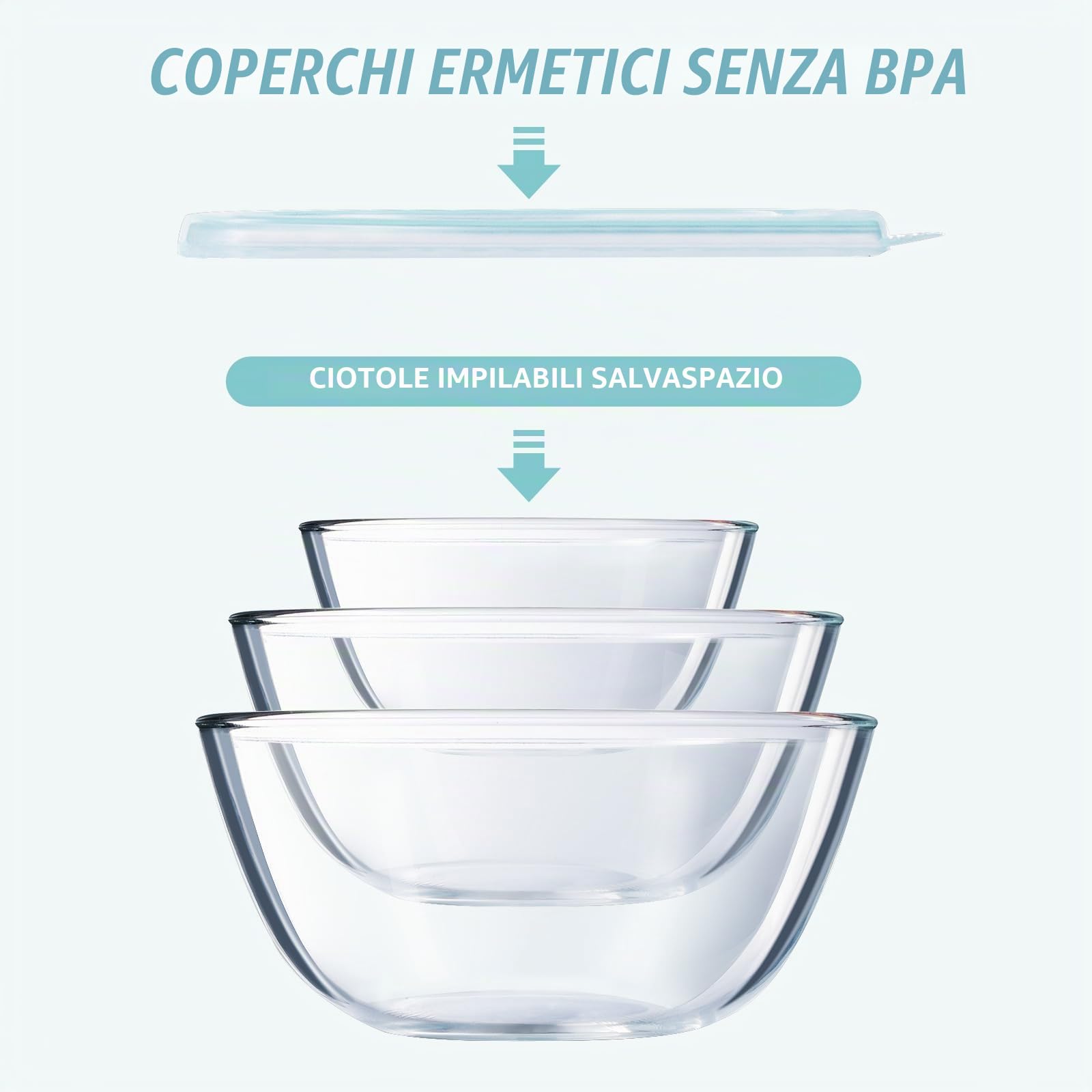 Luvan Set di 3 Insalatiera in Vetro con Coperchio (4.2 L, 2.5 L,1 litro), Grandi Ciotole Rotonde per la Cucina,Perfette per Cucinare, Cuocere al Forno, Servire, Preparare, Lavabili in Lavastovigli
