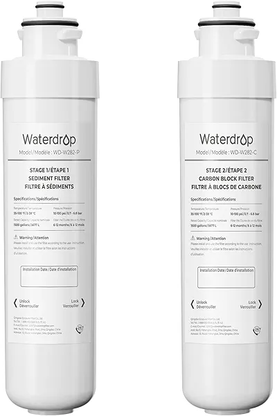 Waterdrop W282 Water Filter Replacement for Brio® NFMCTO5MS2 and NFMPP5M, Compatible with The UVF2 Series Models of Brio® Bottleless Water Cooler Dispensers, 1500 Gallons, Leak-free, 2 Counts