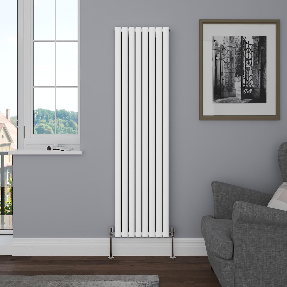 NRG Vertical Designer Gloss White Double Oval Panel Column Radiator Tall Upright 1800x472mm Bathroom Central Heating