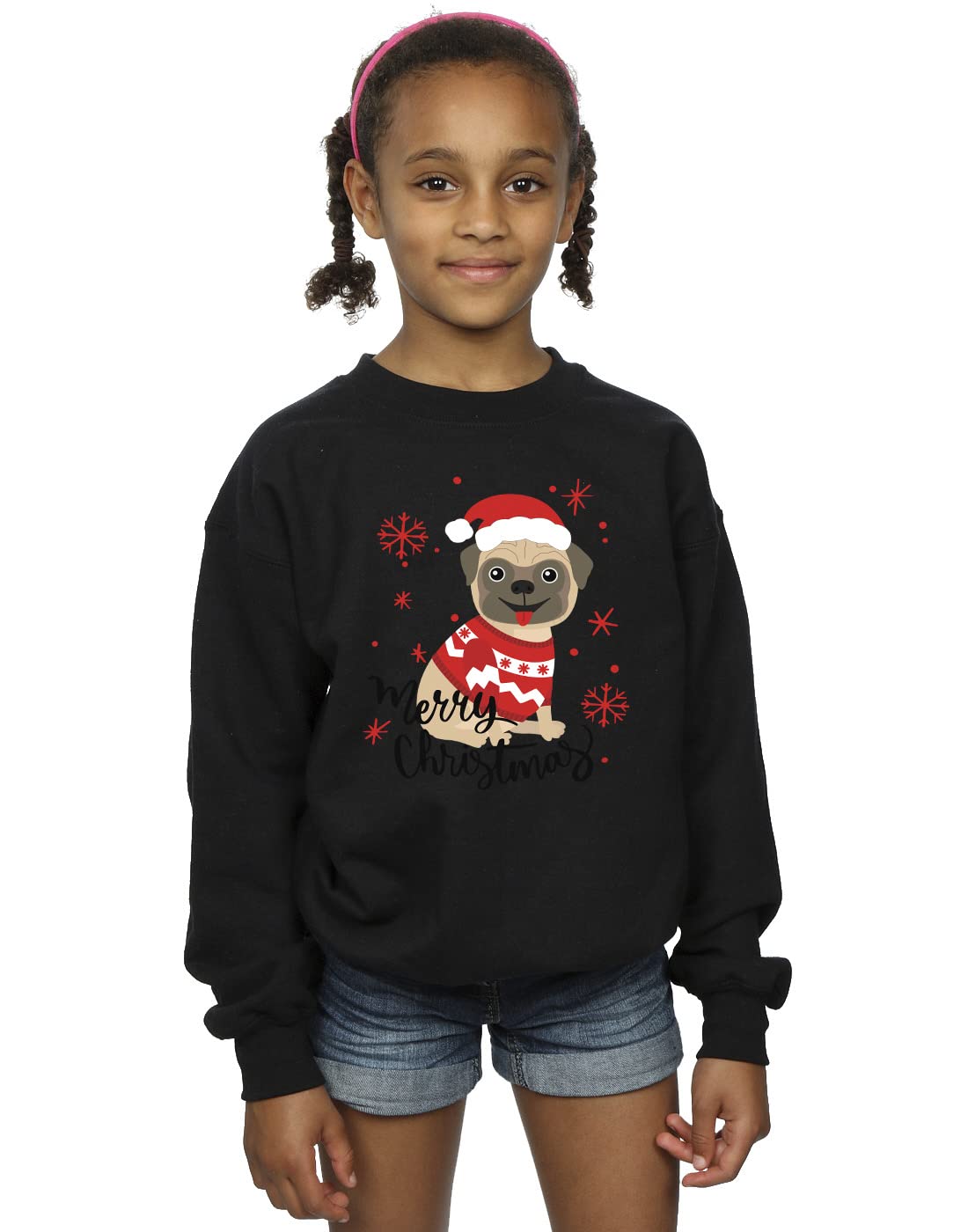 Absolute Cult Christmas Girls Pets Christmas Pug Merry Christmas Sweatshirt Black 12-13 years