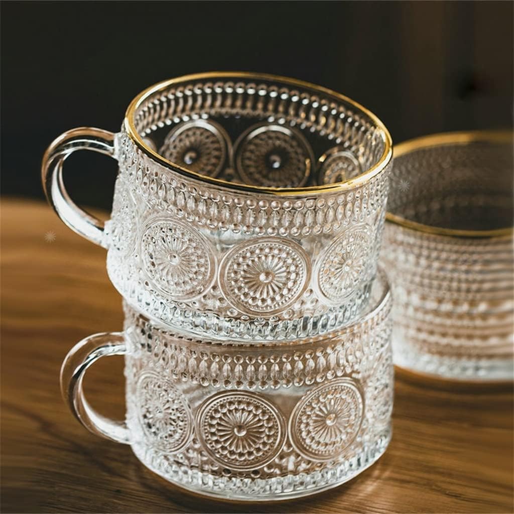 Nordic Retro Embossed Glass Sun Flower Coffee Cup Pearl Milk Tea Cold Drink Juice(E)