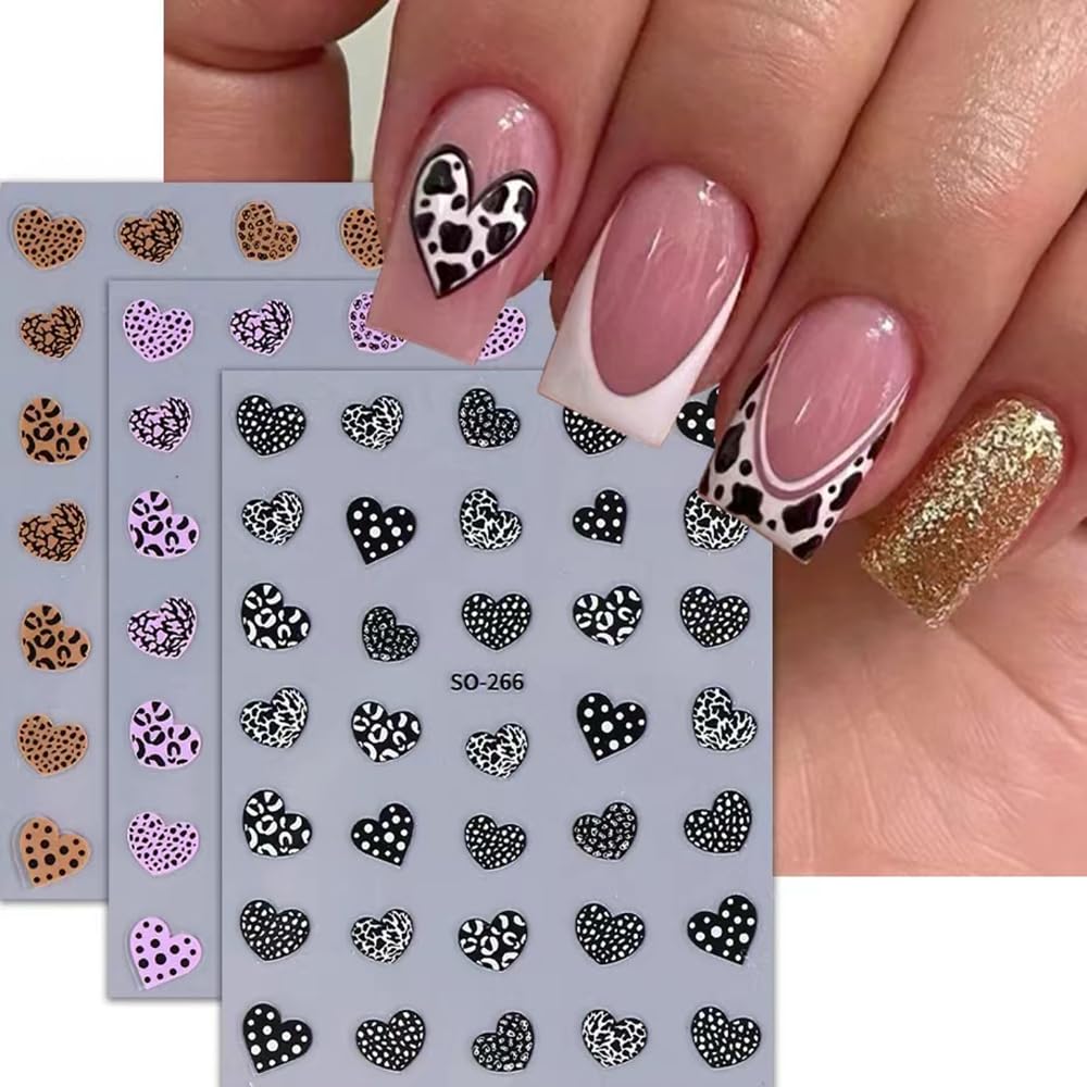 Valentine's Day Leopard Print Heart Nail Art Decal 6PCS 3D Self-Adhesive Stickers - Brown, Black, Purple