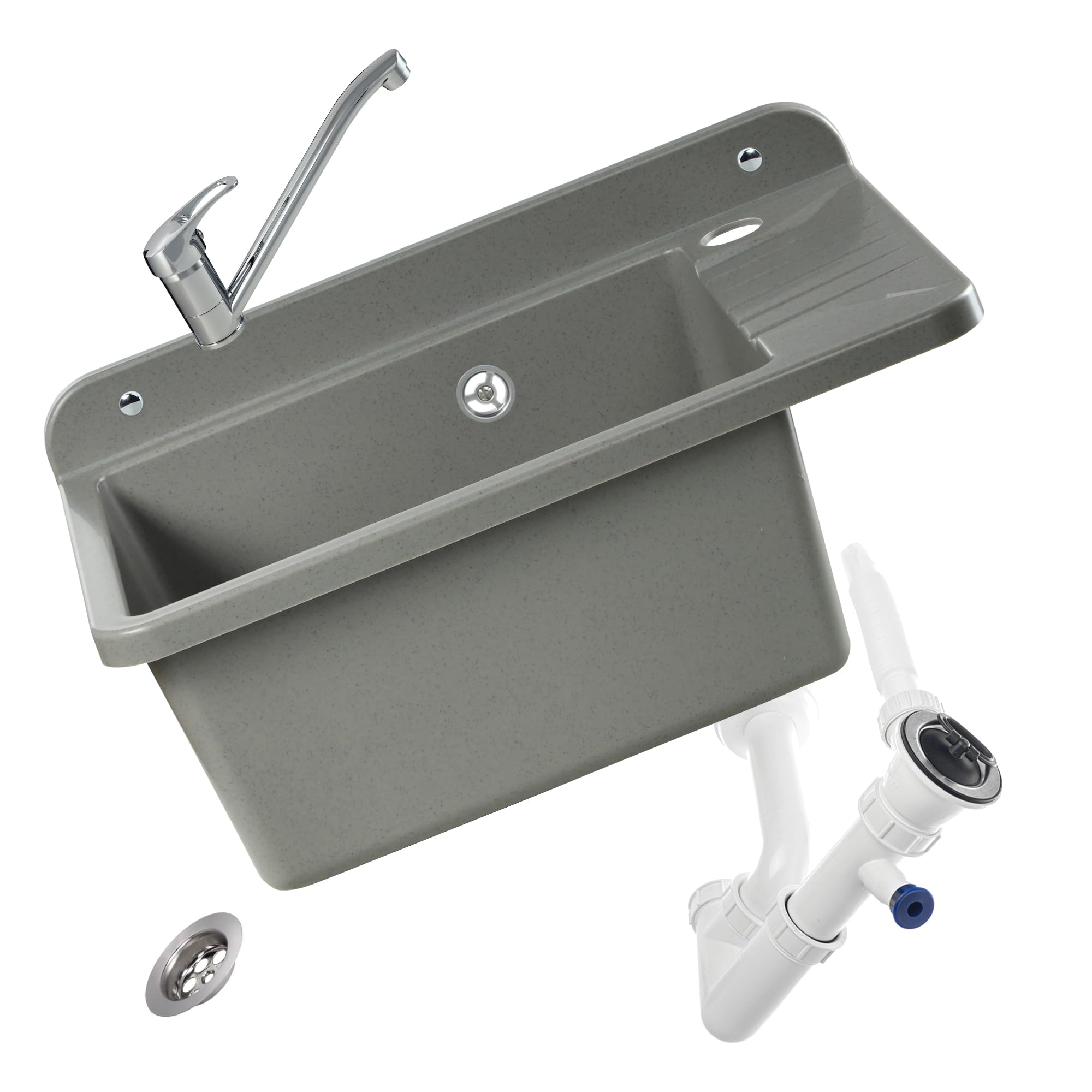 GOSPO Fregadero de polipropileno, 50,4 x 34 x 26,5 cm, fregadero con grifo, sifón y kit de montaje, lavabo, lavabo, lavabo, fregadero de cocina (gris)