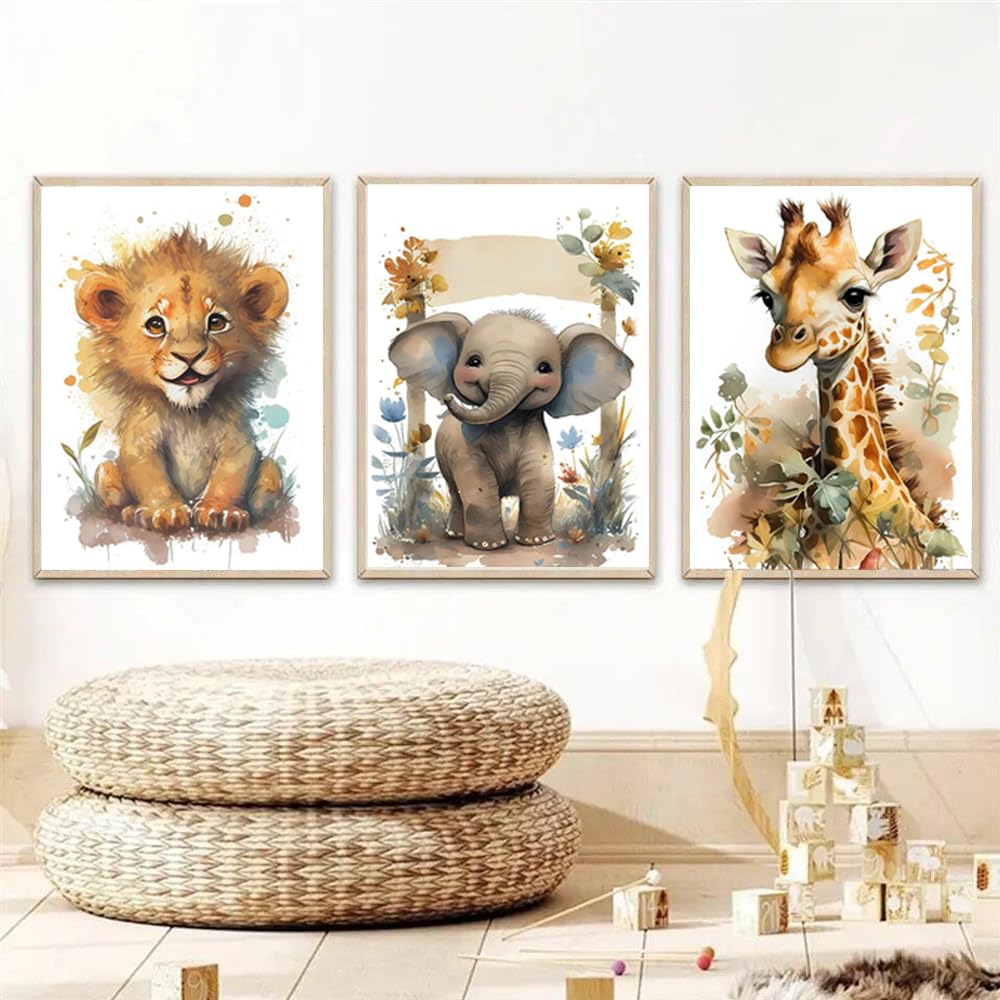 Youihom 3 Affiches Animaux Jungle Bébé - Poster Éléphant Lion Girafe Boho