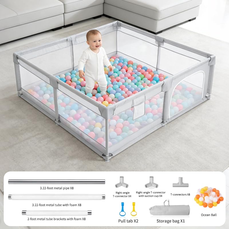 Baby Playpen for Toddlers: 6.56x6.56 ft Kid-Safe Enclosed Play Yard | Non-Slip Base, Breathable Mesh - Easy-Portable for Indoor & Outdoor Baby Play Spaces - Gray
