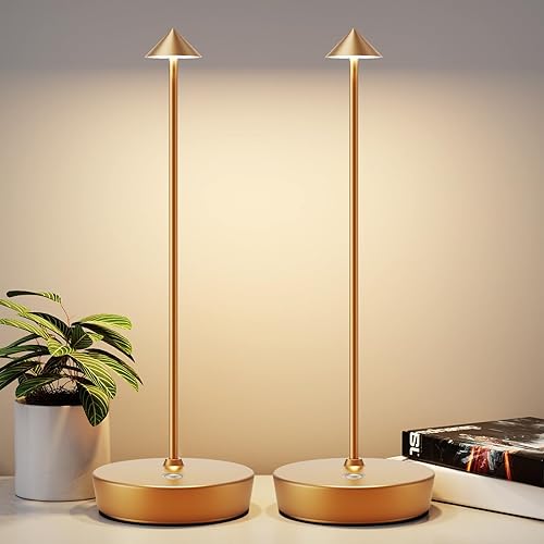 YIBEN Paquete de 2 lámparas de mesa inalámbricas recargables, batería LED portátil de 6000 mAh, lámpara de escritorio USB de metal, 3 niveles de luz