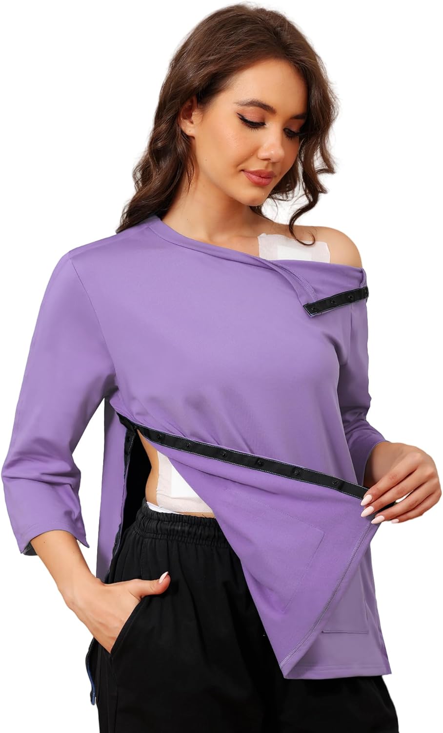 Fleece Lined Post Surgery Shirt for Women Tear Away 3/4 Sleeve Adaptive Clothing for Rotator Cuff Recovery Shirt with Pockets