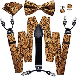 Paisley Suspender and Bow Tie Set, Mens Woven Silk Adjustable Suspender Bow Tie Pocket Square Cufflinks Set