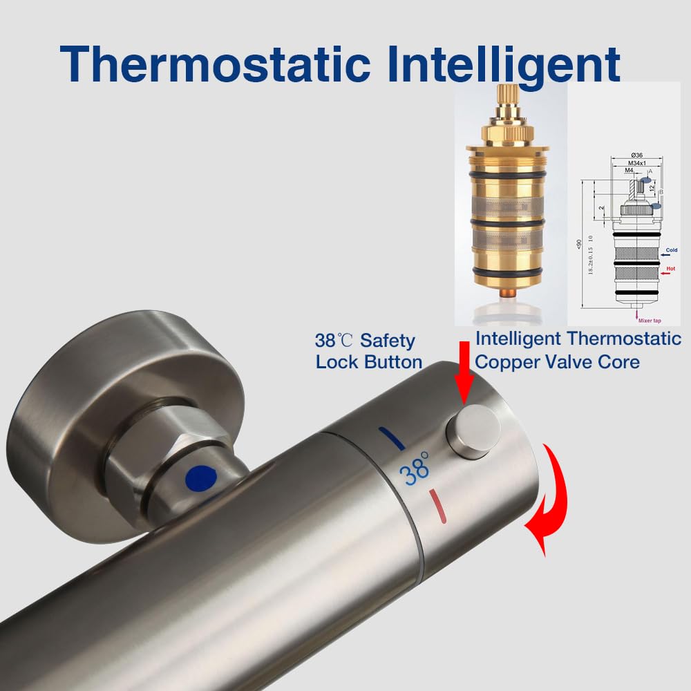 HomeLava Badewannenarmatur mit Brause Thermostat Sicherheitsknopf 38℃ Wannenbatterie Aufputz Duscharmatur Edelstahl Gebürstet Mischbatterie für Bad mit Handbrause und Duschstange