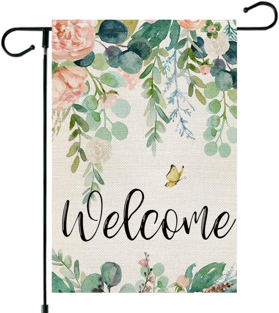 Welcome Spring Floral Garden Flag 12x18 Inch Double Sided for Outside Small Welcome Burlap Seasonal Yard Decoration