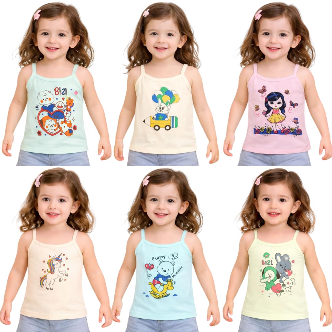 Cotton Front Cartoon Printed Slips/Camisole’s Sleeveless for Baby Girl’s and Kids Multicolor Pack of 6 pcs-image-45