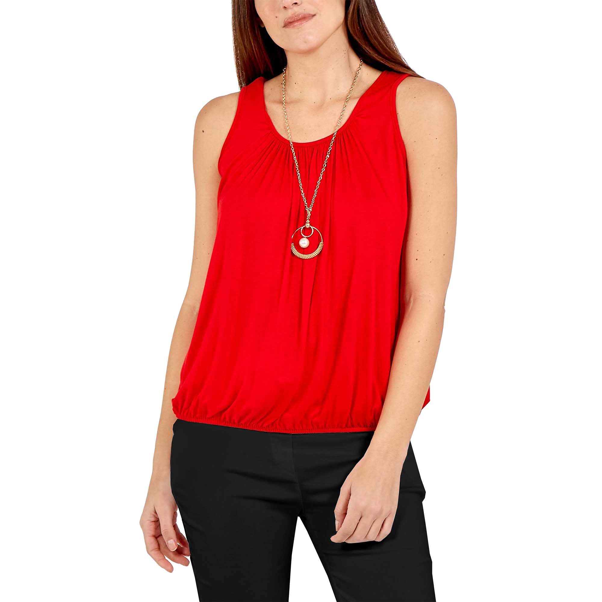 Women's Relaxed Ruched Neck Sleeveless Bubble Vest Top with Necklace | Coral Black Blue Grey Green Red (M-L, RED)