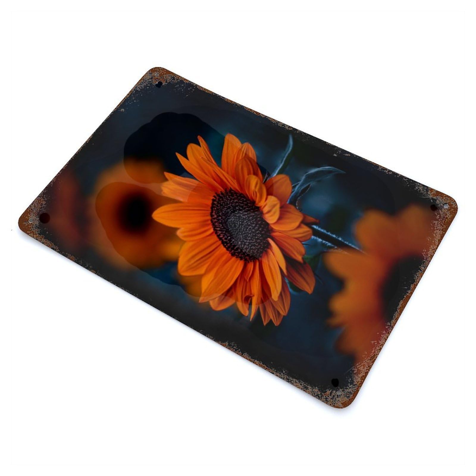 Distressed Metal Wall Sign with Golden Sunflower Design 11.8"x7.9", for Cafe, Home Bar And Lounge Decor, Retro Wall Decor