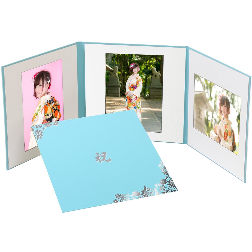 Amazon.co.jp: 成人式 写真台紙 3面 6切3枚 はな ブルーグリーン ロゴ