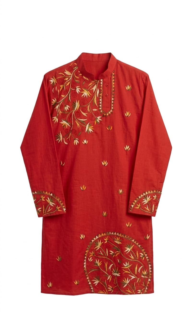 Artisan Collection Men's Kantha Embroidered Panjabi, Red, Floral Design, Full Sleeves, Ethnic Wear-image-32
