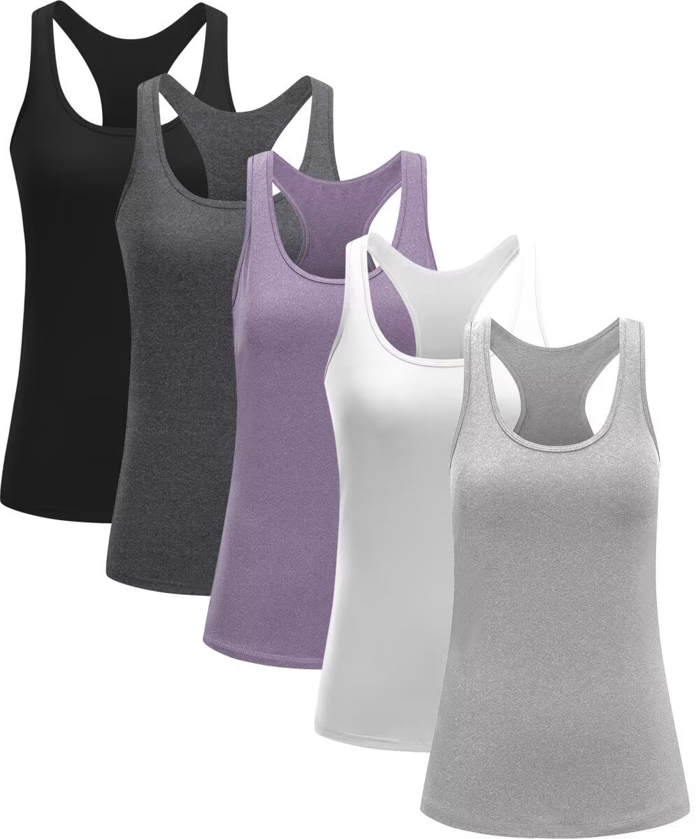 5 Pack Womens Compression Tank Tops Athletic Racerback Quick-Dry Workout Shirts Sports Activewear