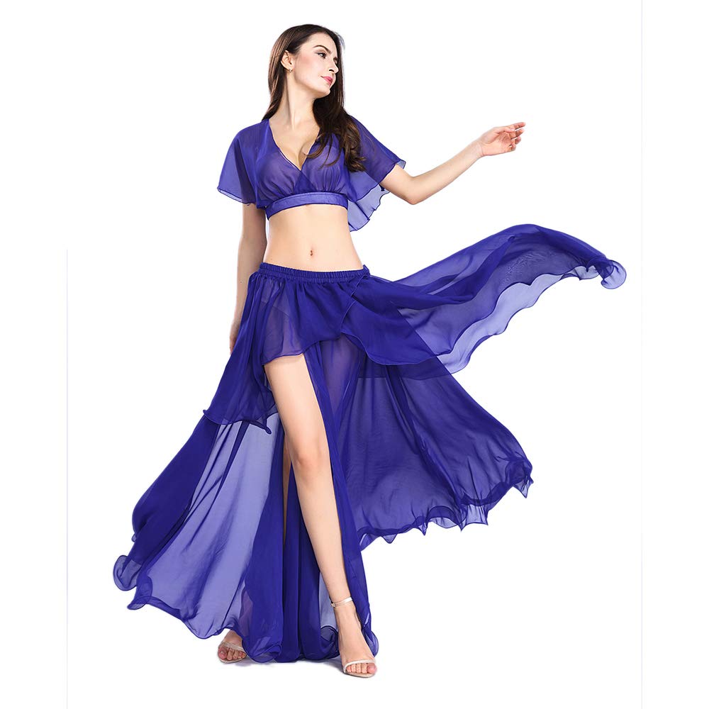 ROYAL SMEELA Costume de Danse du Ventre Tenue de Danse du Ventre Haut et Jupe de Performance Robes en Mousseline de Soie pour Femmes Couleur Unie