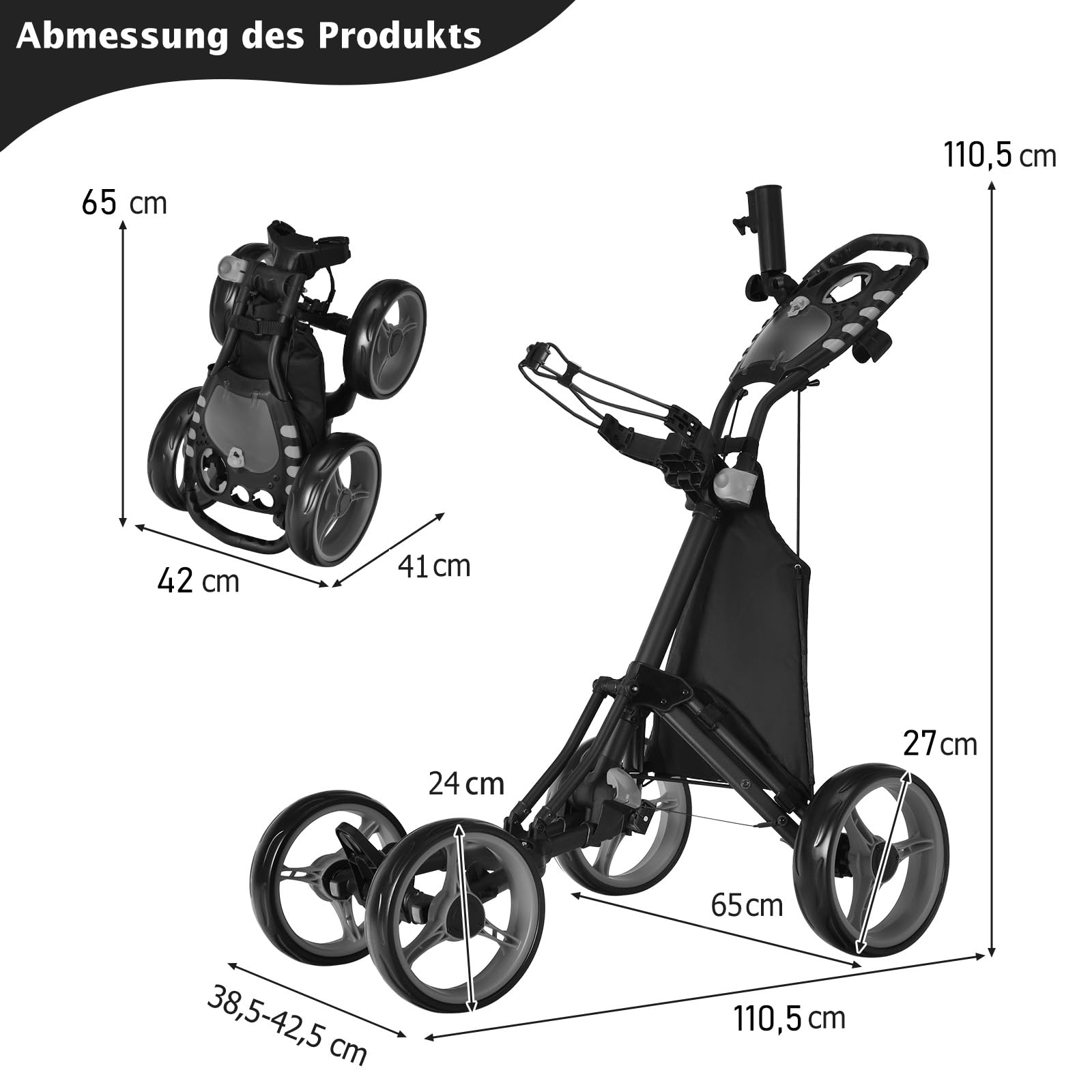 COSTWAY Golf Trolley, 4 Rad Golftrolley, Golfwagen klappbar, Golfcaddy aus Aluminum, Golfcaddy mit Schirmhalter, T-Stückhalterung und Aufbewahrungstasche (Grau)