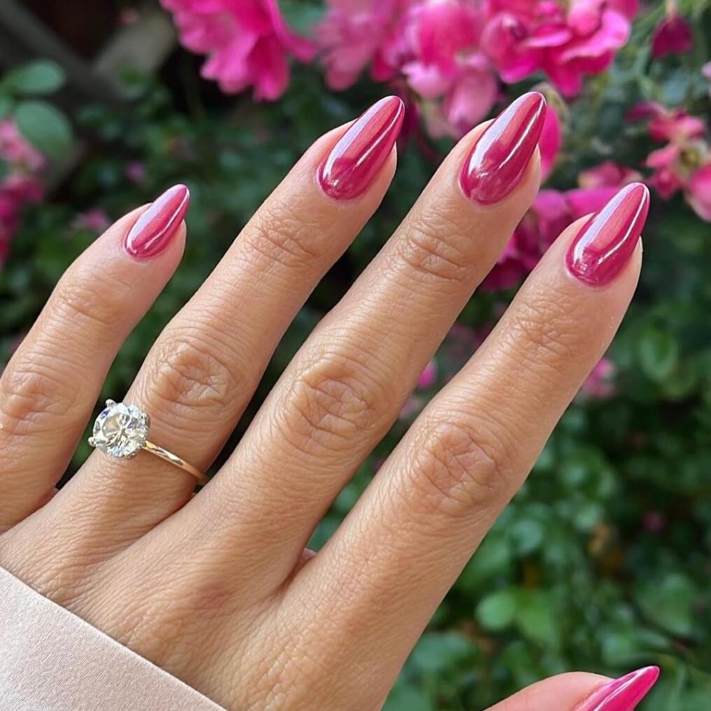 SXVME Chrome Hot Pink False Nails Medium, Glitter Pink Press On Nails Summer, Bling Glazed Gel Fake Nails Press on