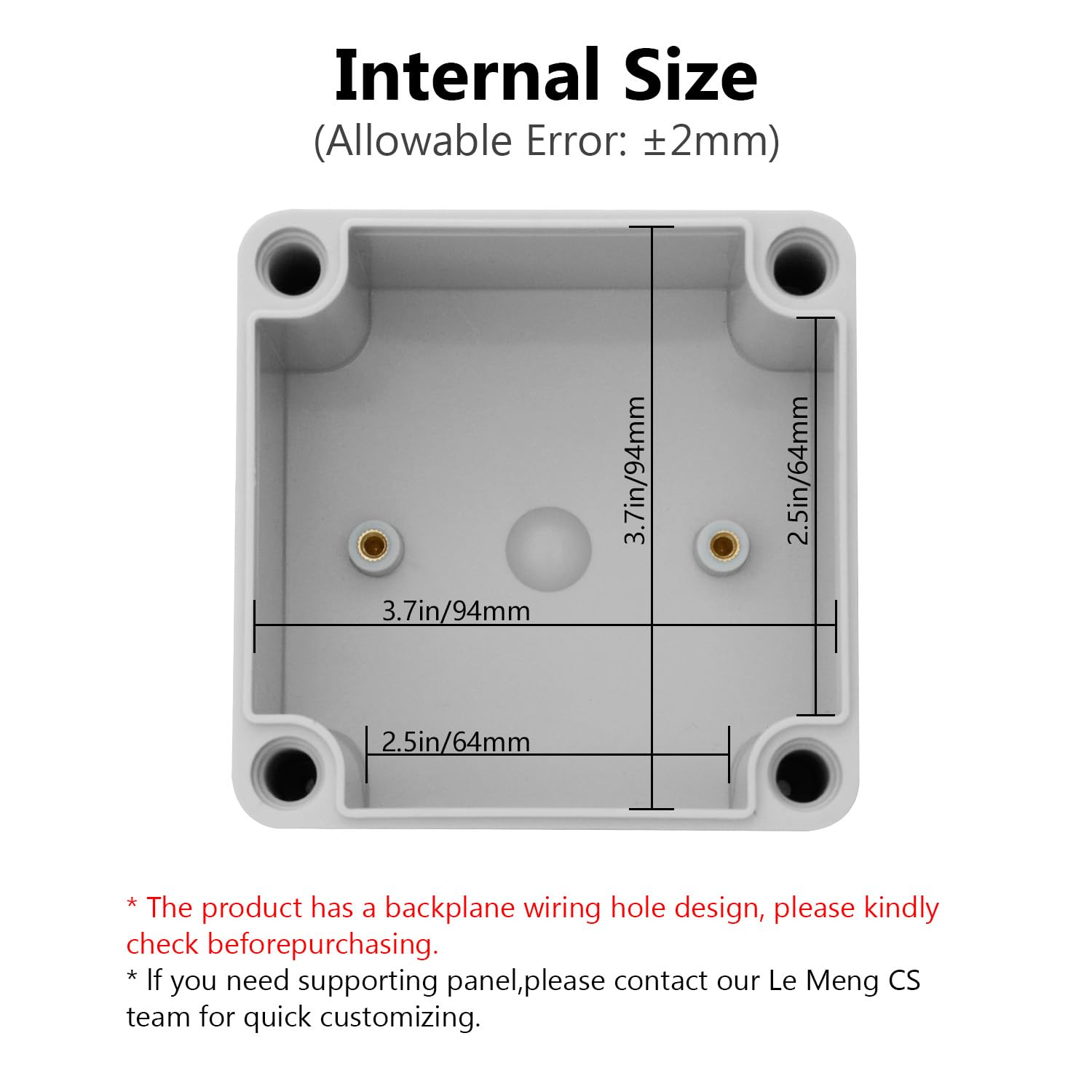 Diagram showing outer dimensions of the LeMotech junction box