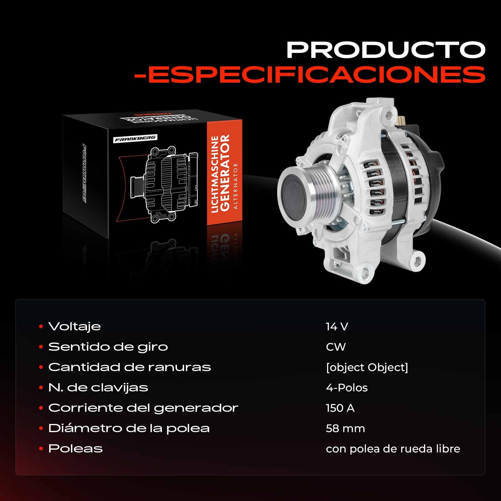 Frankberg Generador alternador 150 A con polea rueda libre 1042102370