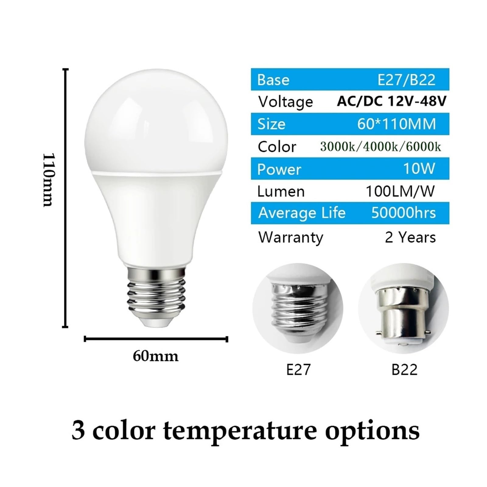 Żarówka LED niskonapięciowa AC/DC12V 24V 36V 48V E27 B22 10W Bombilla do żarówek Led na energię słoneczną 12 woltów niskiego napięcia oświetlenie lampy (Size : 4000K, Material : A60 10W B22_8 PCS_NO