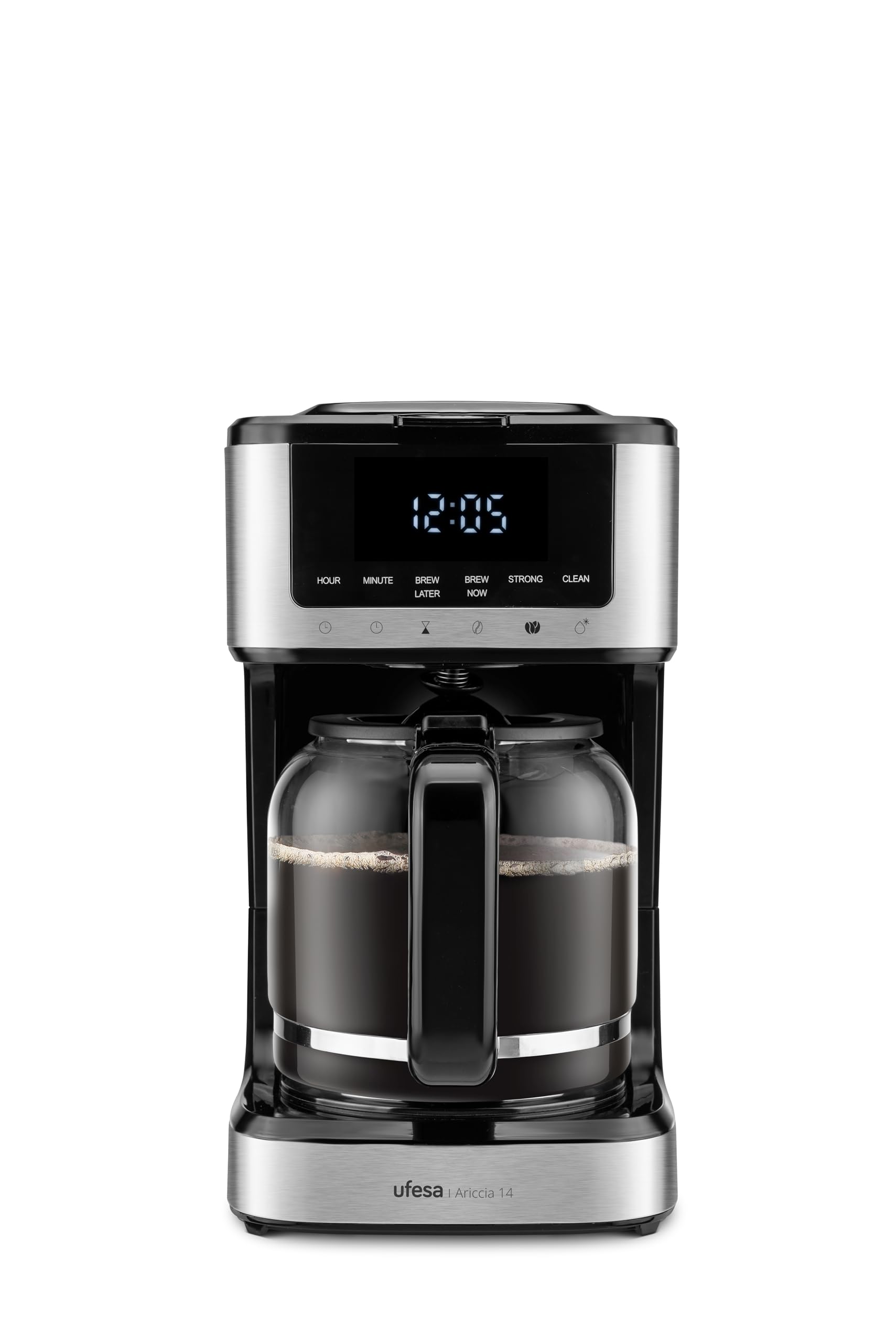 Ufesa Cafetière à Filtre Ariccia Programmable 900W, 14 Tasses, 1,8L, Écran Tactile, Acier Inoxydable, Filtre en Nylon Amovible, Carafe en Verre Haute Température, Compatible Lave-vaisselle, Antigoutte