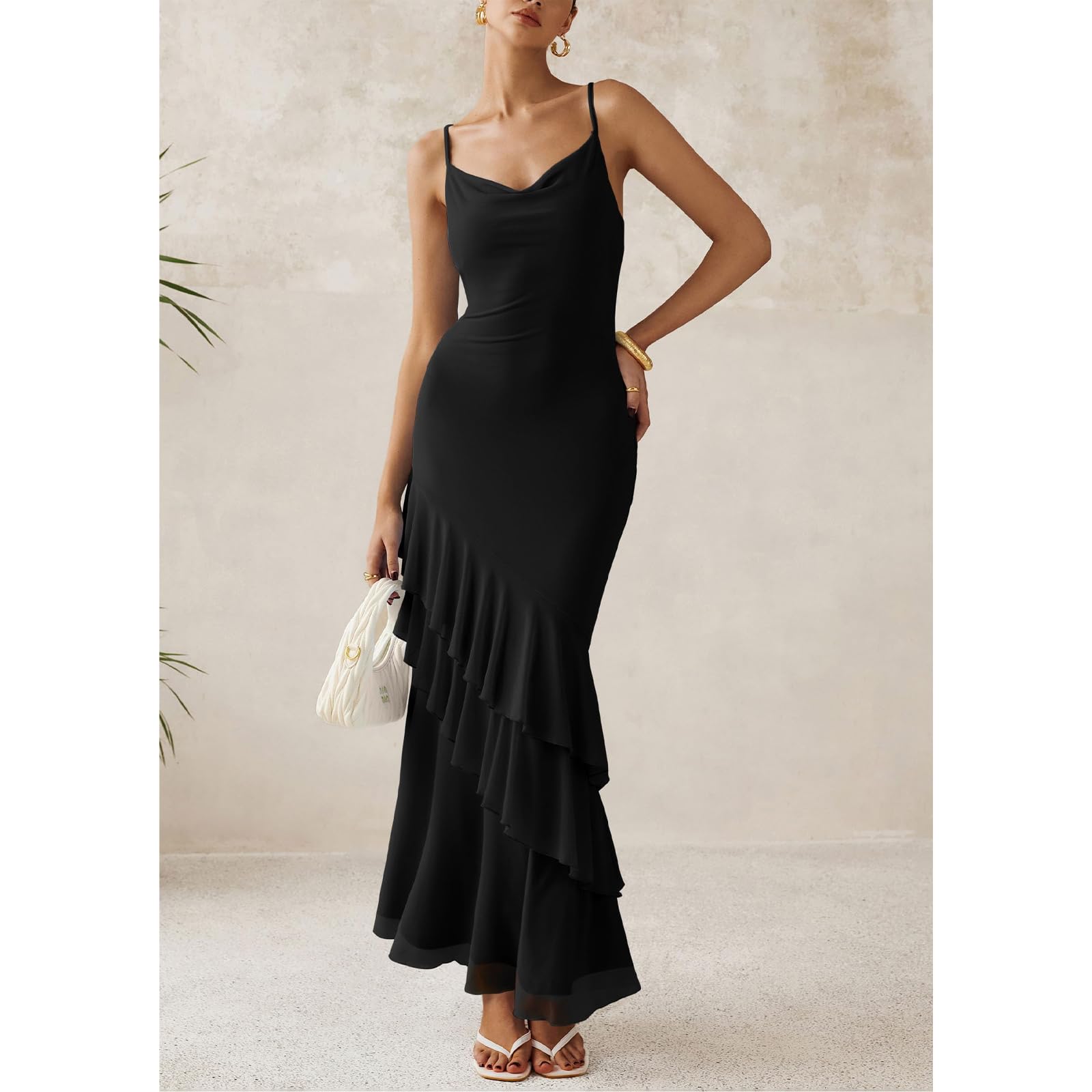 Vestito Lungo Donna Abito Sexy Spaghetti Strap Bodycon Vestito Senza Maniche Abito Maxi con Volant Elegante Vestiti Aderente Scollo a V Estivo Abiti da Cocktail Sera Festa Cerimonia