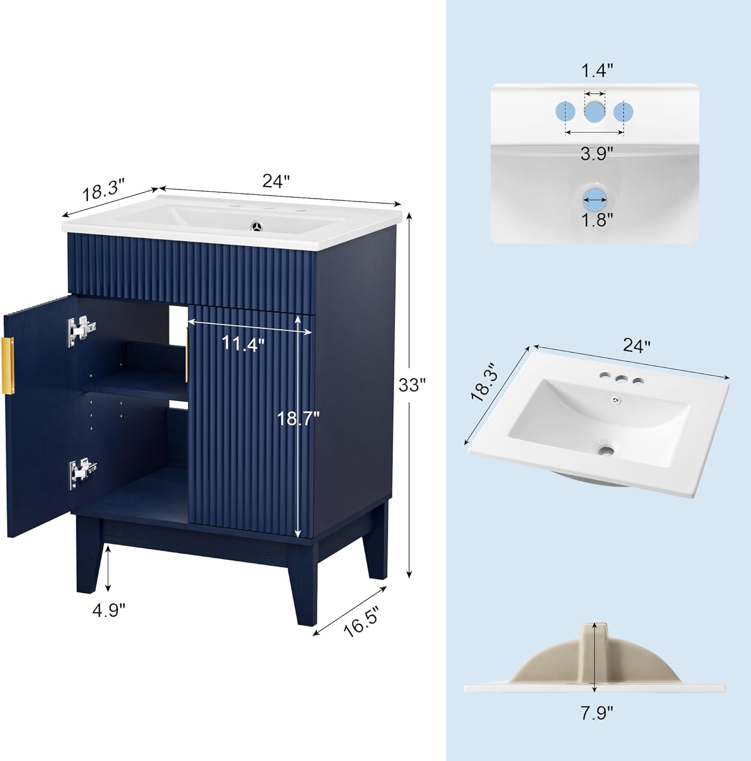 WelFurGeer Bathroom Vanity with Sink, Fluted Undermount Vanity Sink Cabinet with 2 Doors & Shelf, Bathroom Storage Cabinet with Ceramic Basin, 30inch, Blue