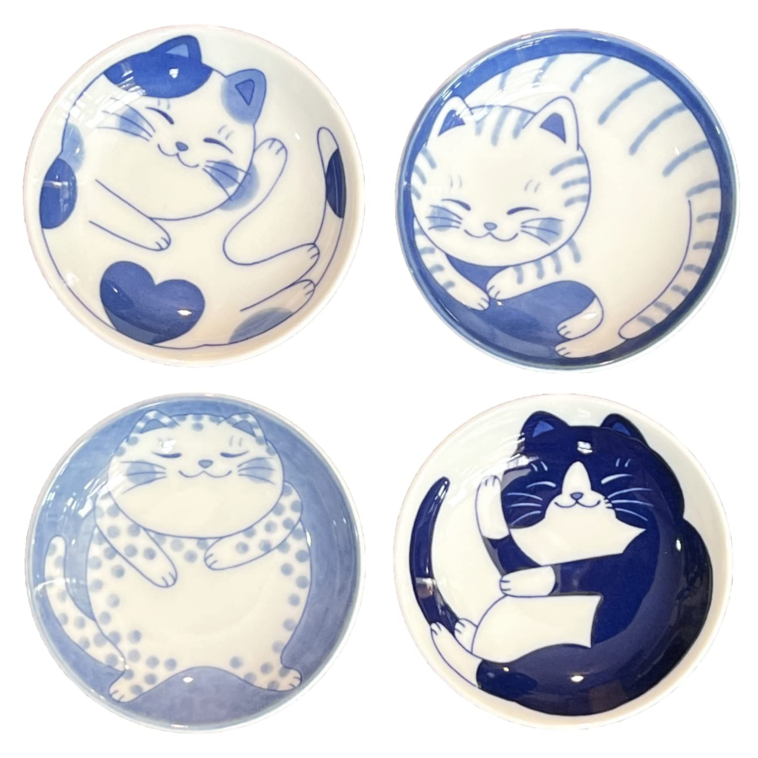 Nekochigura Japanese Small Plate Set-Ceramic Cute Cats Design- For Appetizer Dessert Sushi Soy Sauce 3.94 x 0.8 Inches Set of 4