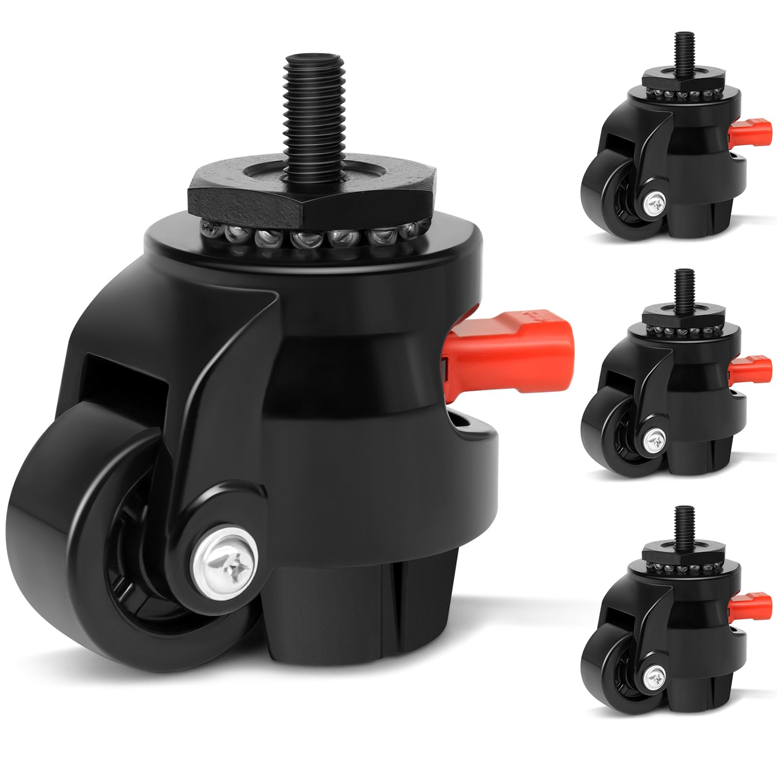 W B D WEIBIDA M12 Ruedas Giratorias Pesados con Palanca de Carraca Ajustable, Ruedas para Muebles Goma de 360 Grados, Ruedas para Instrumento, Equipamiento, Capacidad de Carga 1000KG, Set de 4, Negro