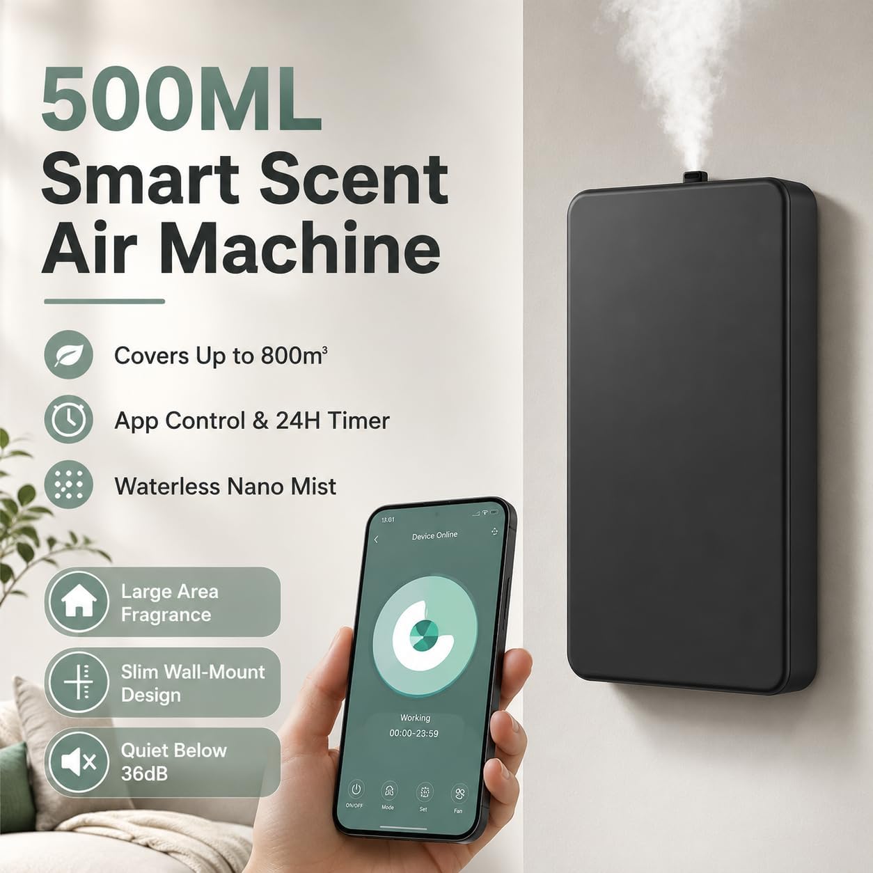 Smart Scent Air Machine de 500 ml, difusor de aceites esenciales sin agua con control de aplicación, temporizador y cobertura de hasta 800 m³ para el hogar y la oficina