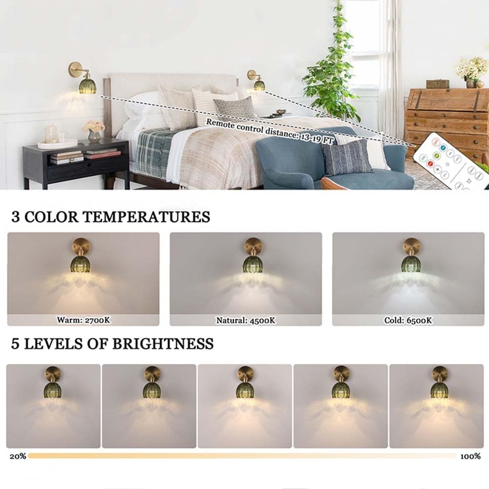 AoLa Wandleuchte Ohne Stromanschluss Gold, Kabellos Wandlampe Dimmbar mit Fernbedienung Vintage Verstellbar Nachttischlampe mit Schalter lnnen Retro Lampe mit Grün Glas Lampenschirm, 2 Stück