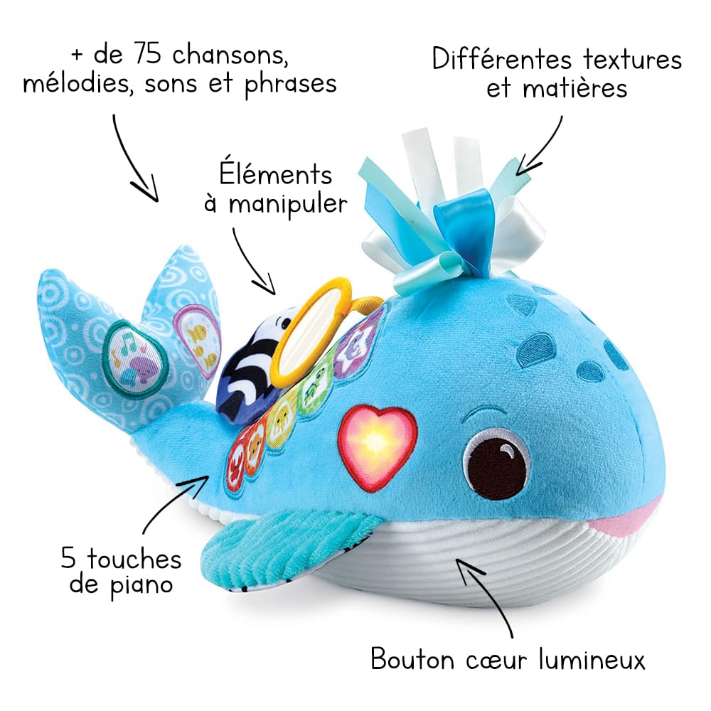 VTech - Océane, Ma Baleine Musicale, Peluche Bébé Interactive et Sensorielle Fabriquée avec des Matériaux Plus Durables, Jouet d'Éveil, Cadeau de Naissance Bébé Dès 3 Mois - Contenu en Français